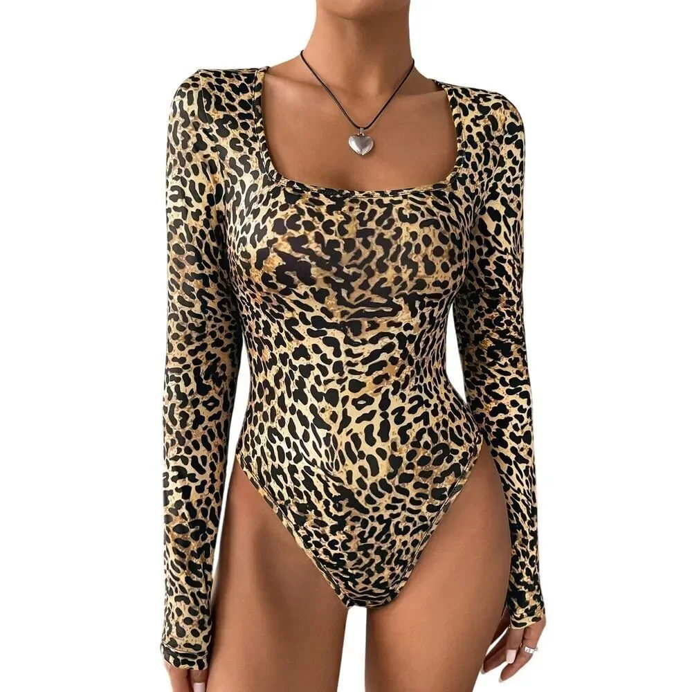 Leopard Print Long Sleeve Bodysuit Beige Brown | Sexy Animal Print Top Size S - Picture 9 of 10